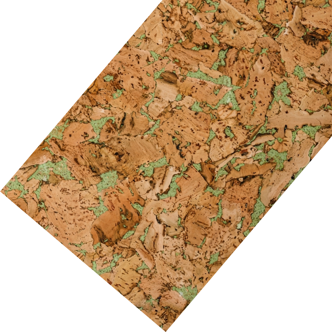 The image shows a cork tile displayed at an angle, highlighting its natural texture. It features warm brown tones with irregular green accents, creating an organic and visually interesting pattern.