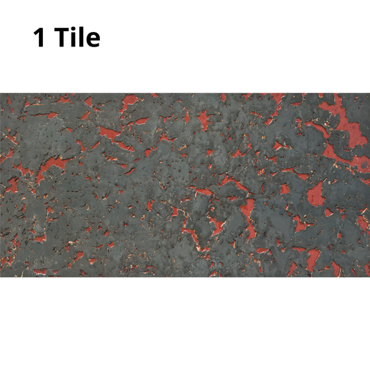 The image shows a single cork tile with a textured, decorative surface. It features an irregular pattern in dark gray with contrasting red accents, creating a bold, modern, and slightly industrial look.