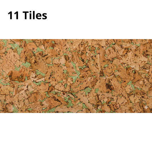 The image shows a set of 11 cork tiles with a natural, textured surface. The pattern features warm brown tones with scattered green accents, creating an organic, earthy, and decorative appearance.