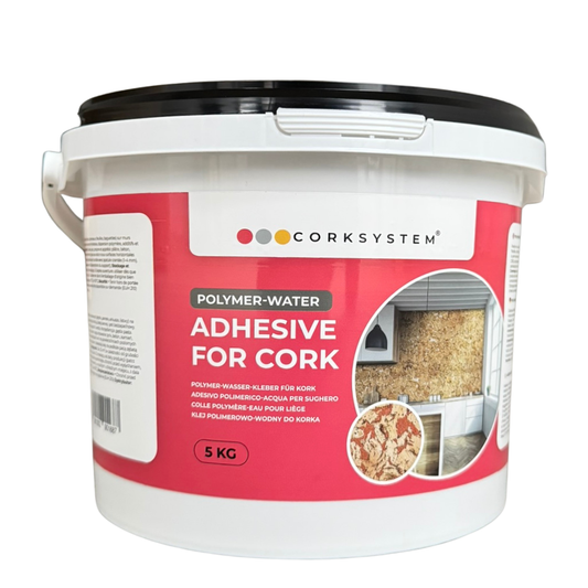 Professional 5kg bucket of high-strength polymer-water-based adhesive specifically formulated for installing cork wall tiles, providing coverage for approximately 10m² (107.63 sq ft) – ideal for eco-friendly interior wall projects.