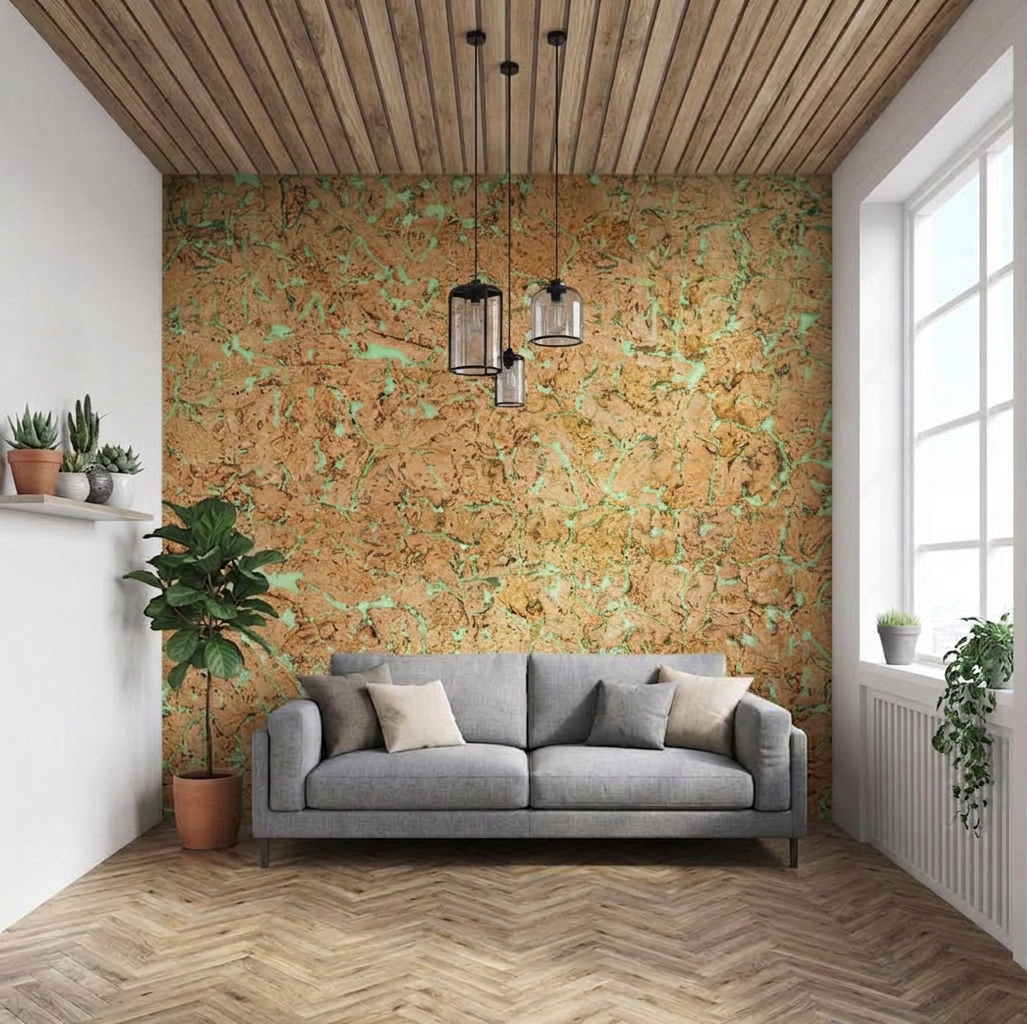 The image shows a modern living room with a decorative cork wall as the main feature. The wall has a natural brown texture with green accents, complemented by a gray sofa, wooden flooring, hanging lights, and indoor plants, creating a warm and stylish interior.