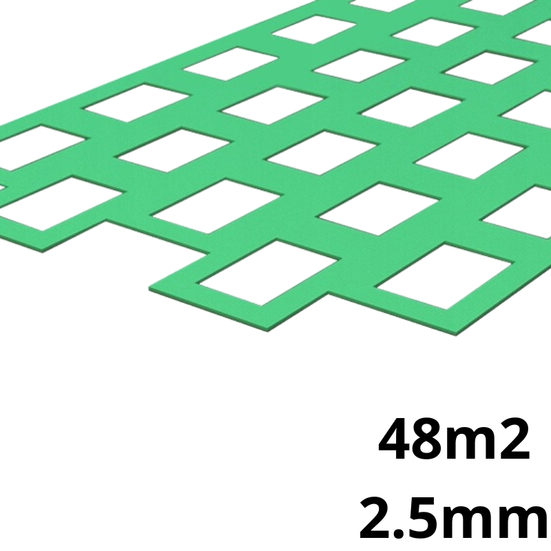 2.5mm XPS thermo-laminate underlay for underfloor heating systems, compatible with wood and vinyl, covers 6-42m², optimized heat transfer
